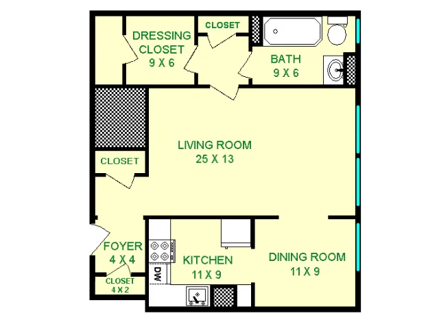 Floor plan of Minerva unit, roughly 660 square feet. Featuring living room, dining room, kitchen, dressing closet, and bathroom.