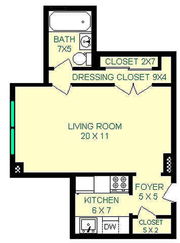 Verdi studio floorplan shows roughly 420 square feet, with a living room, kithcen, bathroom, and closets.