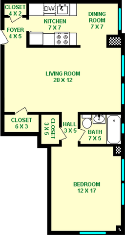 Chopin One Bedroom floorplan shows roughly 720 square feet, with a bedroom, bathroom, living room, dining room and kitchen.