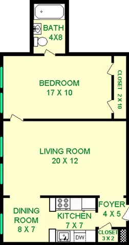 Grieg One Bedroom floorplan shows roughly 720 square feet with a bedroom, captive bathroom, living room, dining room, kitchen and closets.
