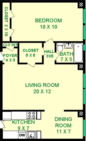 Strauss One Bedroom Floorplan shows roughly 720 square feet, with a bedroom, bathroom, living room, dining room, kitchen, hall and closets.