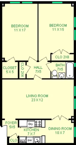 Berlioz Floorplan shows roughly 1058 square feet, with two bedrooms, a bathroom, living room, dining room, kitchen and closets.
