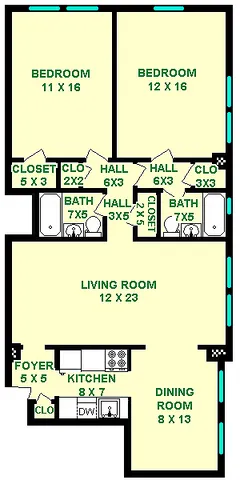 Beethoven two bedroom floorplan shows roughly 1138 square fee with two bedrooms, two bathrooms, a dining room, living room, kitchen and closets.