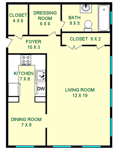 Ginger studio floorplan shows roughly 475 square feet, with a living room, dining room, dressing room, bathroom kitchen and closets.