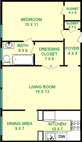 Rosemary floorplan shows roughly 700 square feet with a bedroom, bathroom, living room connected with a dressing closet, diing area and a kitchen