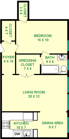 Chive Floorplan shows roughly 730 square feet, with a bedroom, bathroom and living room connected by a dressing closet. There is also a dining area, kitchen, foyer and closets.