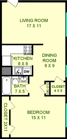 South Side Works One Bedroom floorplan shows roughly 595 square feet with a living room, dining room, kitchen, bathroom and bedroom
