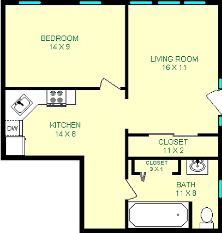 Mansfield one bedroom floorplan shows bedroom, living room, Kitchen, bath and closet