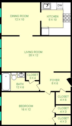 Sewickley Floorplan shows roughly 741 square feet, foyer, bedroom, bathroom, dining room and a kitchen. Multiple closets are shown as well.