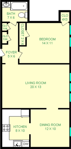 Manchester One bedroom floorplan shows Living Room, Dining Room, Kitchen, Bedroom and Bathroom.