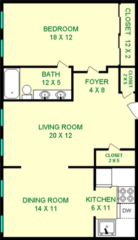 West End One Bedroom Floorplan shows roughly 760 square feet, a living room, bedroom, bathroom, dining room and kitchen.