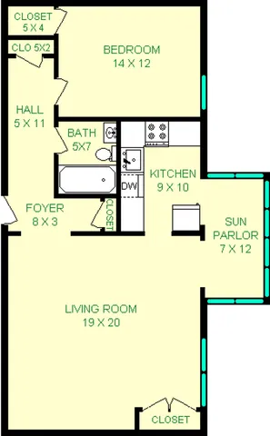 Glenwood One Bedroom Floorplan shows roughly 844 square feet, with a living room, bedroom, hall, sun parlor, ktichen and private bathroom