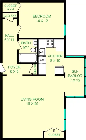 Fern Hollow Floorplan shows roughly 844 square feet, with a bedroom, living room, bathroom, kitchen and sun parlor.