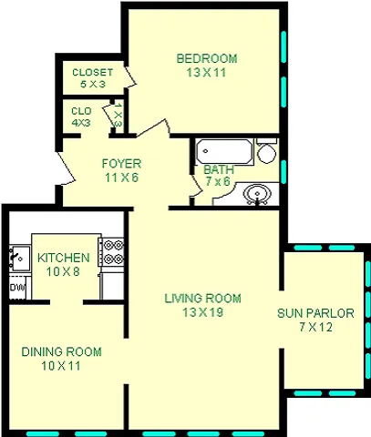 Elizabeth one bedroom floorplan shows a living room, a sun parlor, a dining room, a kitchen, a foyer, a bathroom and a bedroom.