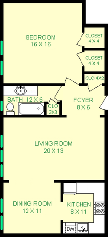 Brady floorplan shows roughly 874 square feet with a living room, dining room, kitchen, foyer, bathroom and bedroom