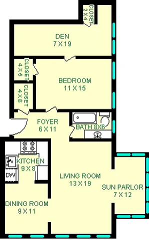 Ft. Duquesne Floorplan shows roughly 1020 square feet with a foyer, living room, kitchen, sun parlor, dining room, bedroom, and a den.