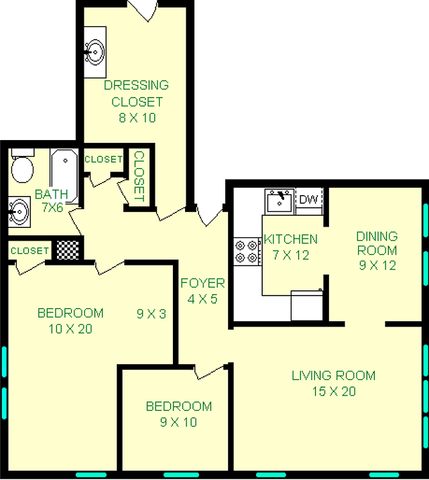 Birmingham two bedroom floorplan shows roughly 1070 square feet, with two bedrooms, a bathroom, kitchen, dining room, dressing closet and living room.