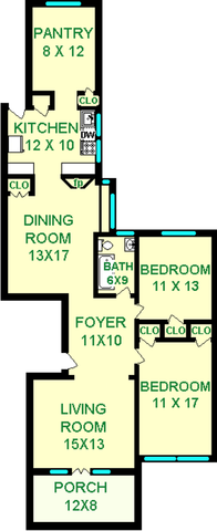 Klauder Two Bedorom floorplan shows roughly 1185 square feet, with two bedrooms, a living room, dining room, bathroom, kitchen, pantry, foyer and porch.