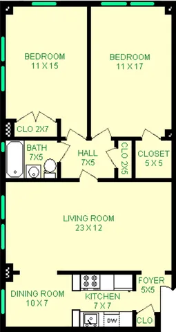 Bach two bedroom floorplan shows roughly 1058 square feet, with two bedrooms, a bathroom, living room, dining room, kitchen and closets.
