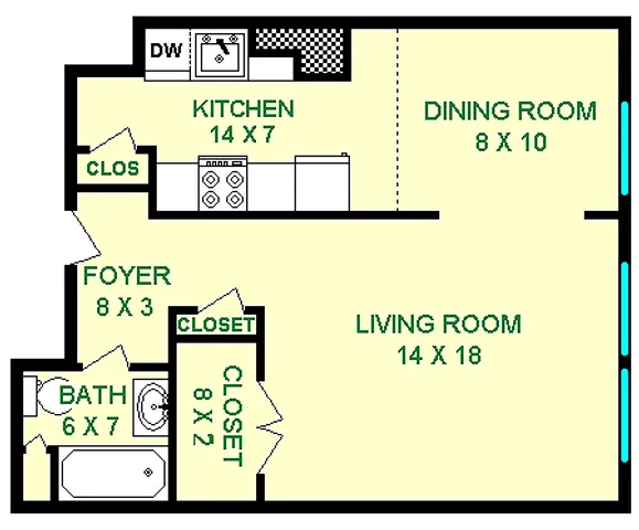 The floor plan of Chevelle unit, roughly 525 square feet features a living room with a large closet, a dining room, a full kitchen, and a full bathroom to the right of the foyer.