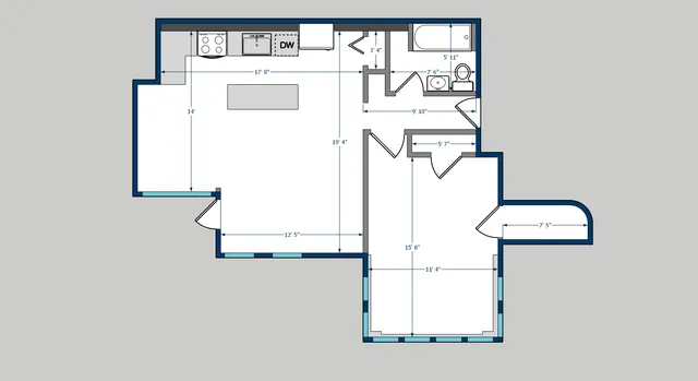 Carson One Bedroom Floorplan shows a bedroom, bathroom, living room, kitchen and closets
