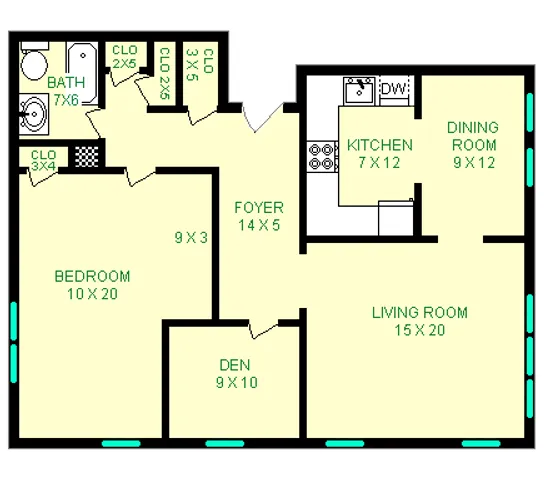 Inviting floor plan showcasing a spacious bedroom, cozy den, and large living room, complemented by a practical kitchen and dining area.