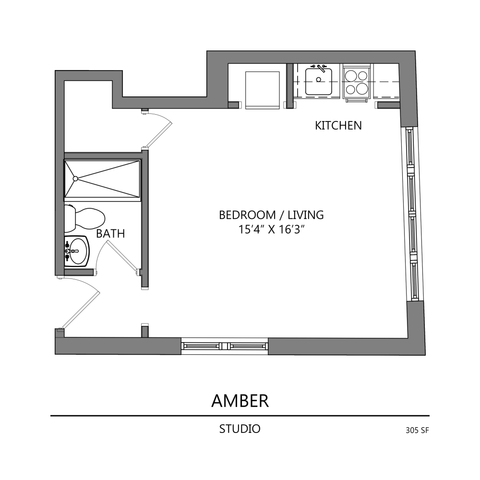 Amber studio floor plan with a spacious open bedroom and living area, convenient kitchen, and bathroom, 305 square feet.