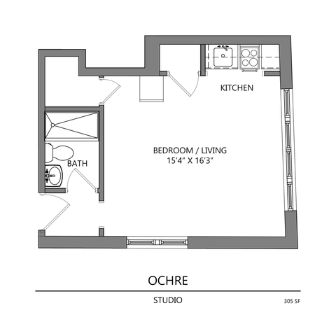 Efficient studio apartment floor plan \'Ochre\' featuring an open-concept bedroom and living area, compact kitchen, and bathroom, 305 sq ft.