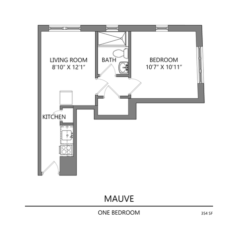 Stylish floor plan of the Mauve apartment showcasing a cozy one-bedroom layout with a living room and kitchen, 354 sq ft.