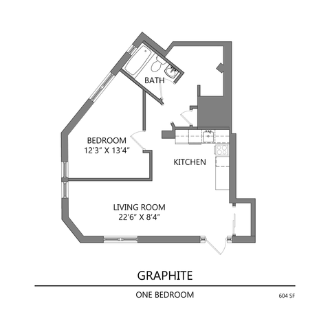 Graphite floor plan showcasing a one-bedroom apartment with a living room, modern kitchen, and a well-appointed bathroom, covering 604 square feet.