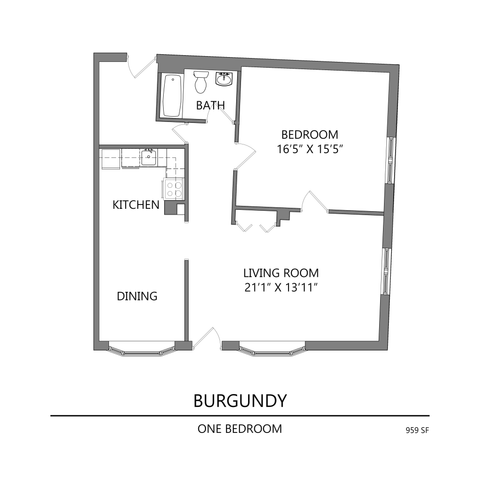 Burgundy one-bedroom floor plan featuring a spacious living room, compact kitchen, and a bathroom, totaling 959 sq ft.