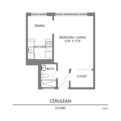 Cerulean studio floor plan showcasing open-concept living and bedroom area, efficient kitchen, modern bathroom, and spacious closet, totaling 438 sq ft.