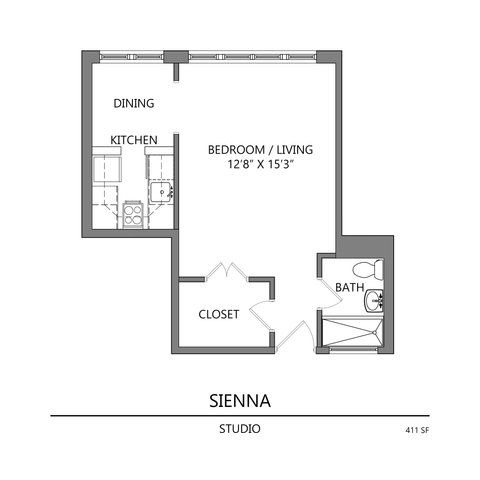 Sienna studio floor plan showcasing a functional layout with a combined bedroom and living area, dining space, compact kitchen, full bath, and closet, 411 sq ft.