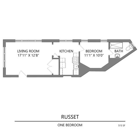 Russet floor plan showcasing one bedroom, spacious living room, modern kitchen, and bathroom in a streamlined 513 sq ft layout.