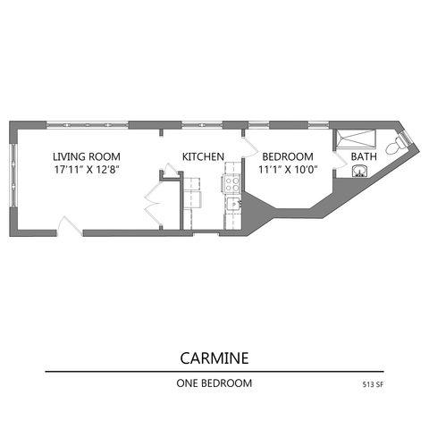Carmine floor plan showcasing a one-bedroom apartment with a spacious living room, modern kitchen, and cozy bath area, totaling 513 sq ft.