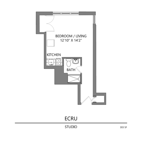 Ecru studio floor plan with an open bedroom/living area, compact kitchen, and well-designed bath in 303 sq ft.