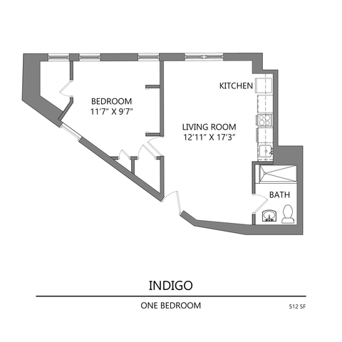 Indigo 512 sq ft floor plan featuring one bedroom, a spacious living room, and a compact kitchen.