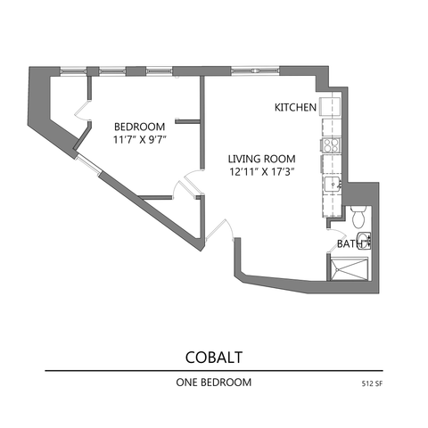 Cobalt floor plan boasting a cozy one-bedroom layout, spacious living room, kitchen, and bath, totaling 512 sq ft.