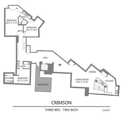 Crimson floor plan featuring three bedrooms, two bathrooms, a living room, dining area, sleek kitchen, laundry, and a welcoming roof deck, covering 2,338 square feet.