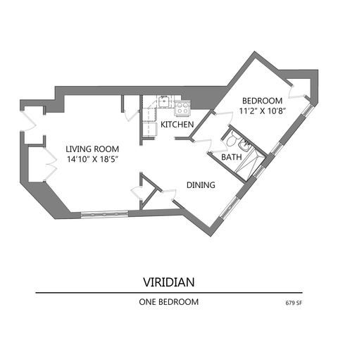 Viridian floor plan showcasing a smartly designed one-bedroom layout with spacious living room, efficient kitchen, cozy dining area, and bath, 679 sq ft.
