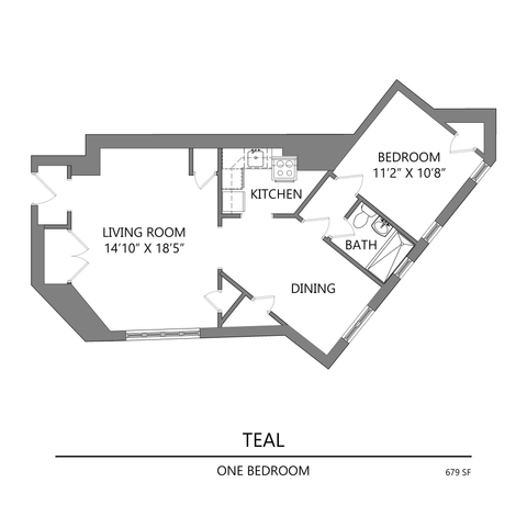 Teal floor plan showcasing a one-bedroom layout with a spacious living room, dining area, kitchen, and bath, totaling 679 sq ft.