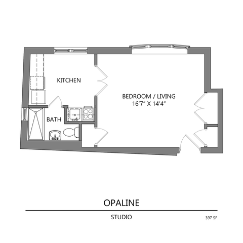 Opaline studio floor plan showcasing an efficient layout with a combined bedroom/living area, a compact kitchen, and a cozy bath, perfect for city living at 397 sq ft.