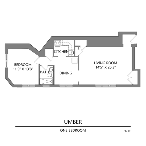 Umber floor plan showcasing a one-bedroom apartment with a kitchen, dining area, and living room. Total area: 717 sq ft.