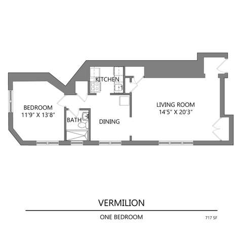 Vermilion floor plan showcasing a one-bedroom layout with a large living room, modern kitchen, and dining area, totaling 717 square feet.