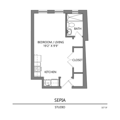 Sepia studio floor plan showcasing a compact 327 sq ft layout with a combined bedroom and living area, efficient kitchen, closet, and sleek bathroom.