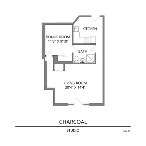 Charcoal studio floor plan featuring a spacious living room, versatile bonus room, modern kitchen, and cozy bath, covering 603 square feet.