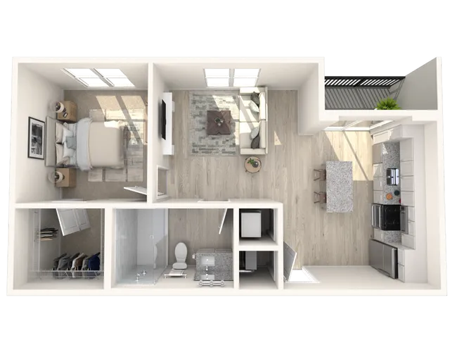 Chic 3D floor plan showcasing a spacious one-bedroom apartment with an open living area, modern kitchen, and elegant bathroom.