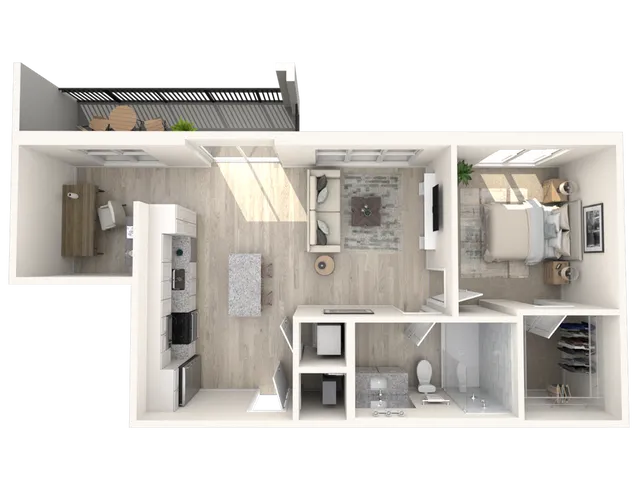 Modern 3D floor plan showcasing a chic one-bedroom apartment with an open kitchen, cozy living space, stylish bathroom, and private balcony.