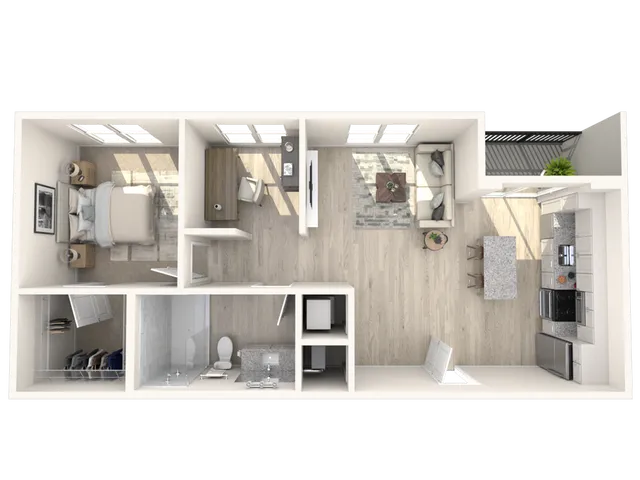 Modern open-concept floor plan with one bedroom, elegant kitchen with island, cozy living area, and stylish bathroom.