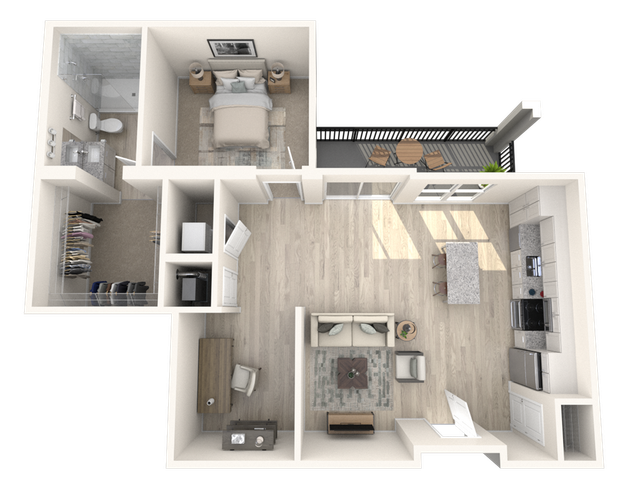 Modern 1-bedroom apartment floor plan featuring an open-concept living area, stylish kitchen, and private balcony.
